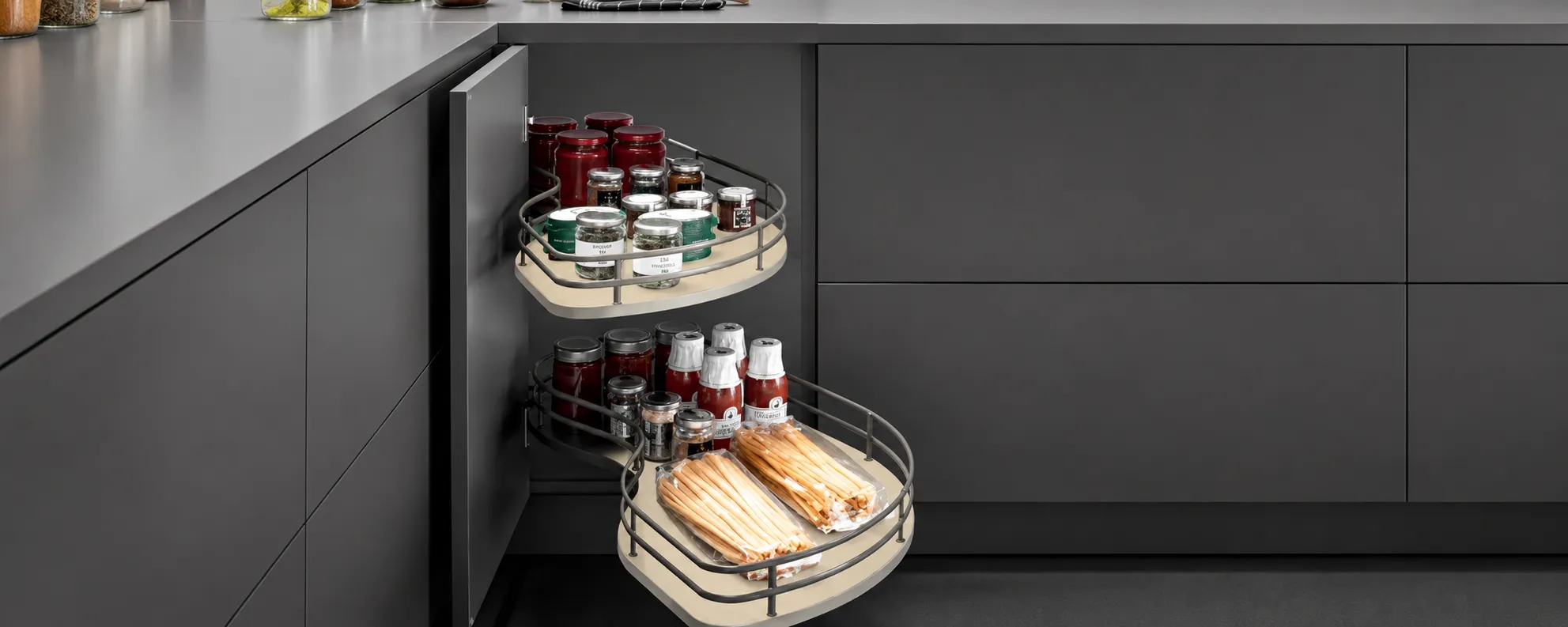 Corner shelf space saver unit in a modular kitchen from Gala Hardware Bangalore